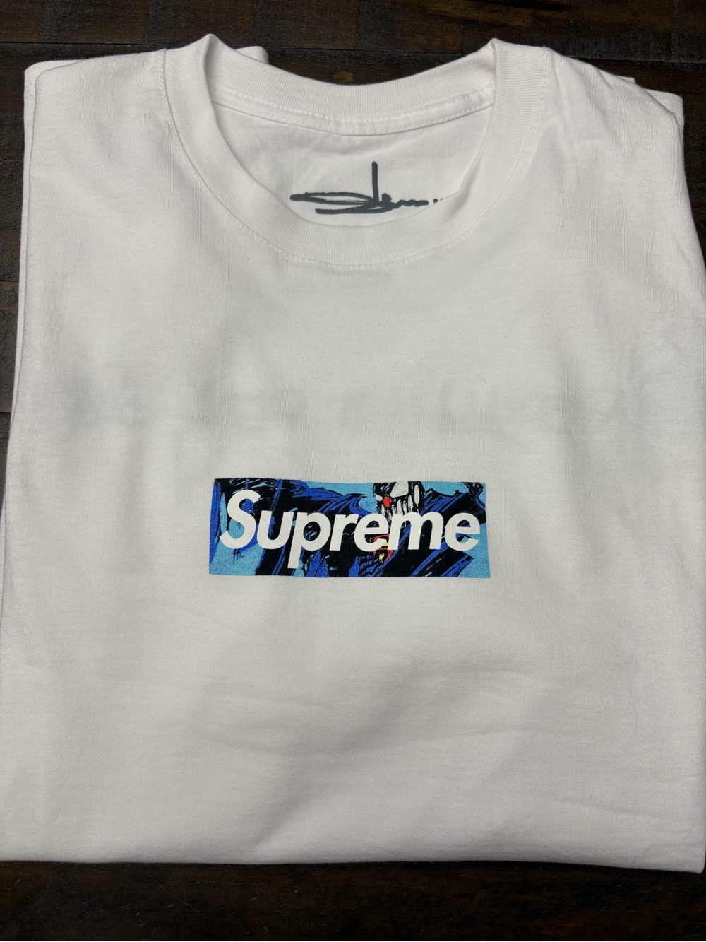 Supreme Batpreme White Box Logo Tee with Blue Graphic
